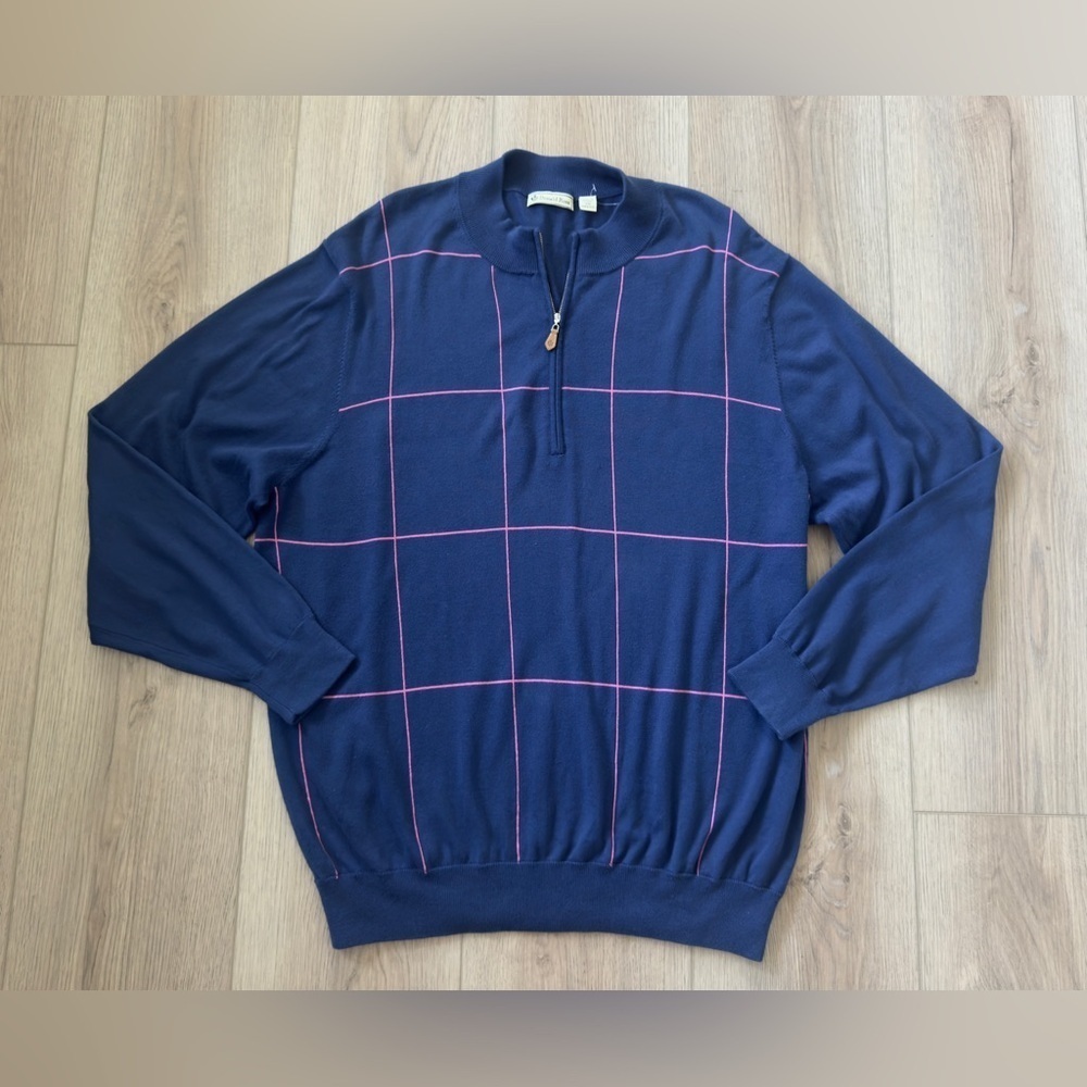 DONALD ROSS Navy Blue Sweater with Pink Grid Pattern. 80% COTTON 20% WOOL ✅